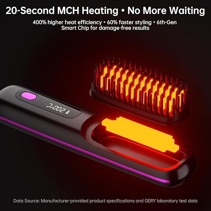 GERY Wireless Hair Straightener Brush Cordless Negative Ion 3 Temp Settings (160℃/180℃/200℃) MCH Fast Heating 4X Longer Battery LED Display Portable for Travel &amp Home (Black)