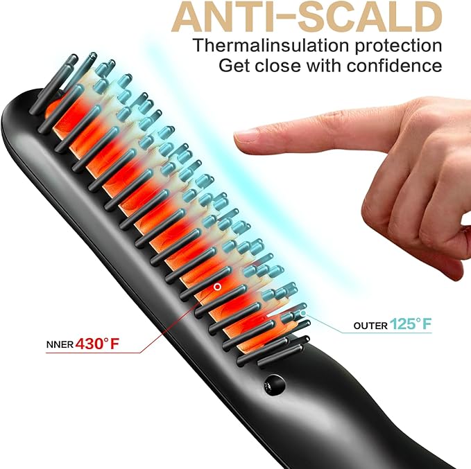 VOVO Beard Straightener Comb Upgrade Professional 2 in 1 Men's Beard Straightening Heated Hair Straightening Brush Portable Anti-Burn 6 Temperature Adjustable with LED Display for Home and Travel
