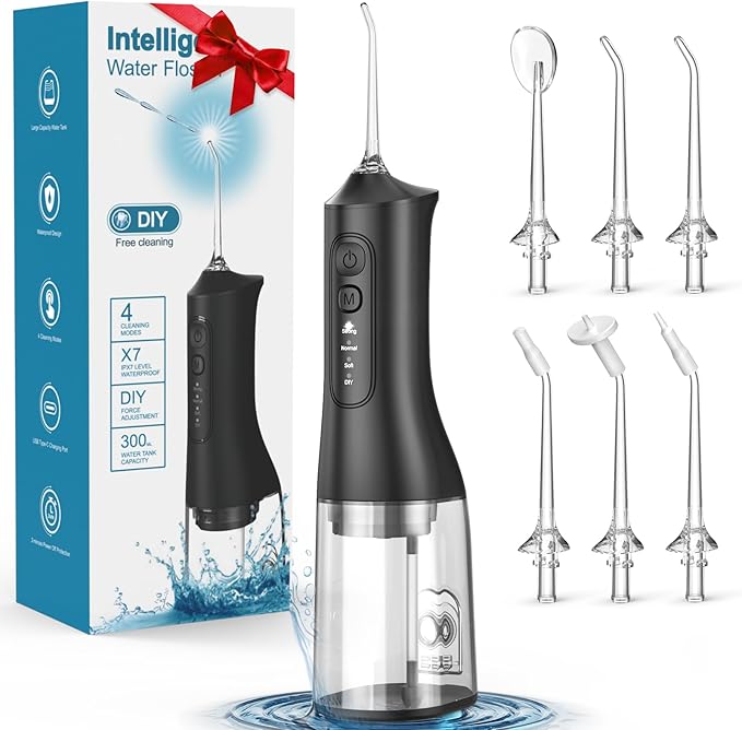 Water Flosser Rechargeable 300ML IPX7 Waterproof Cordless Portable Oral Irrigator with 4 Modes &amp 6 Replaceable Jet Tips