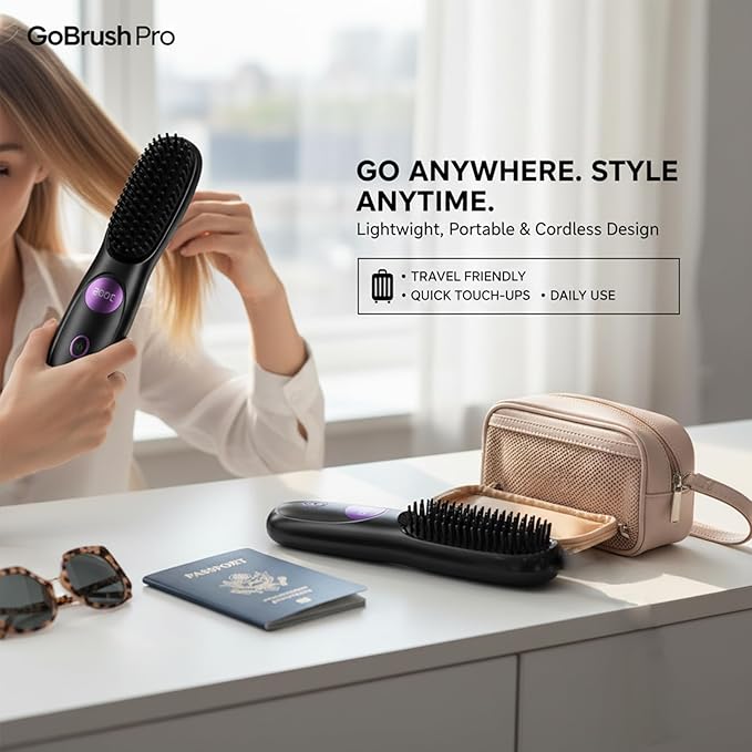 Go Brush Pro Gobrush Pro Portable Straightener Brush Cordless Hair Straightener Brush for Short Hair 3 Adjustable Temperature LED Display Upgraded Fast Heating Hairs Comb for Women Travel (Black)