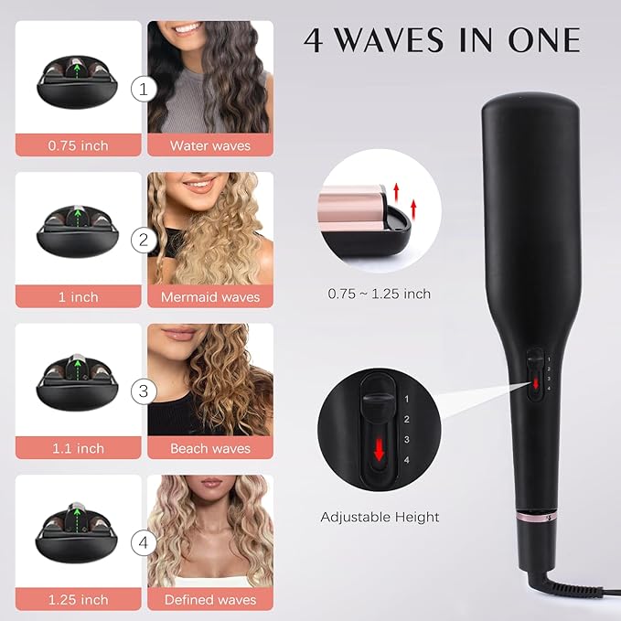 4 in 1 Crimper Hair Tool - Hair Waver with Adjustable Depths for 4 Wavy Styles Beach Waves Curling Iron with 3 Ceramic Barrels 4 Temperatures Dual Voltage for Women (Gold)