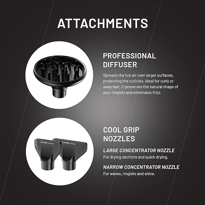 GA.MA iQ1 Perfetto Hair Dryer with 110000 RPM Intelligent Brushless Motor Oxy Active Technology Auto-Clean &amp Washable Filter Includes Diffuser &amp 3 Nozzles Black