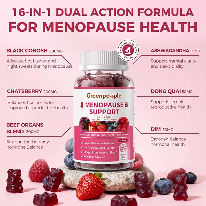 GREENPEOPLE Menopause Supplements for Women Gummies - 16-in-1 Dual Action Menopause Relief W/Black Cohosh Vitex Beef Organs for Hormone Balance Hot Flashes Night Sweats &amp Mood 60 CT (2 Packs)