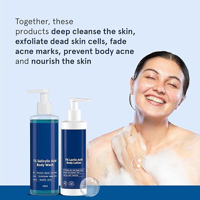 1% Salicylic Acid Bodywash 375 mL with Loofah &amp 5% Lactic Acid Lotion 200 mL for Women | Helps to Prevent Body Acne Cleanses Skin &amp Nourishes Skin | Paraben and SLS Free