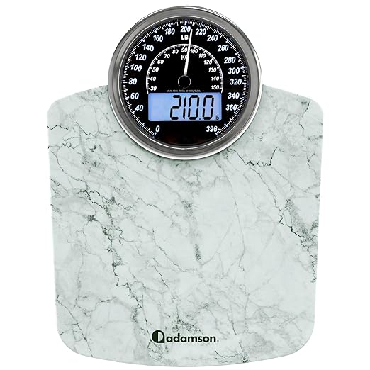 Adamson Hybrid 2-in-1 Analog &amp Digital Weighing Scale for Body Weight up to 400lbs - Thick Tempered Glass - Extra Large Display - Easy to Read Digital Bathroom Scale - New - Marble White