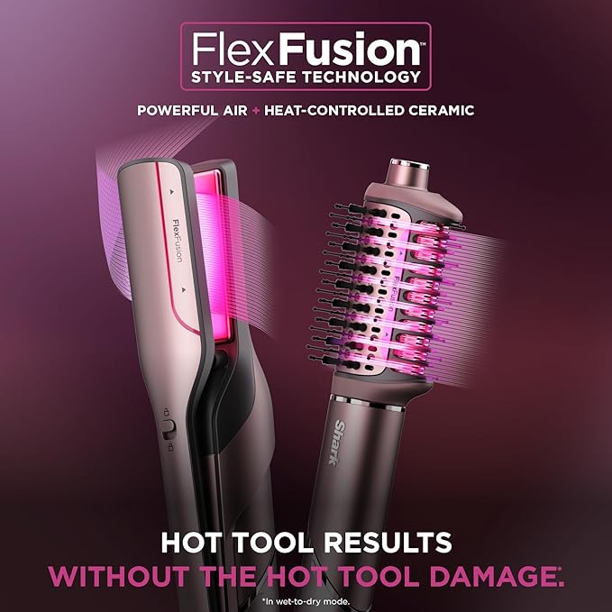 Shark FlexFusion Hair Straightener &amp Powerful Hair Dryer with Fusion Hair Brush Ceramic Air Styler with Auto-Wrap Curlers &amp Concentrator Ceramic Plates Cosmic Blush HD641S
