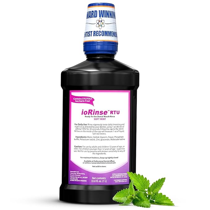 ioRinse RTU Halitosis Mouthwash for Fresh Breath Dentists' Top Choice Alcohol Free &amp Fluoride Free Molecular Iodine Oral Rinse Soft Mint Professional Clean Mouth Wash RTU Mouthwash 1L