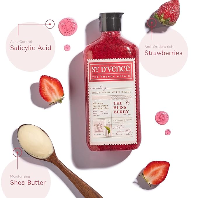 St. D’vence Bliss Berry Salicylic Acid Body Wash Shower Gel for Women &amp Men with Strawberry &amp Raw Shea Butter | Body Wash for Summer | Tan Removal Paraben &amp SLS Free - 300 ml