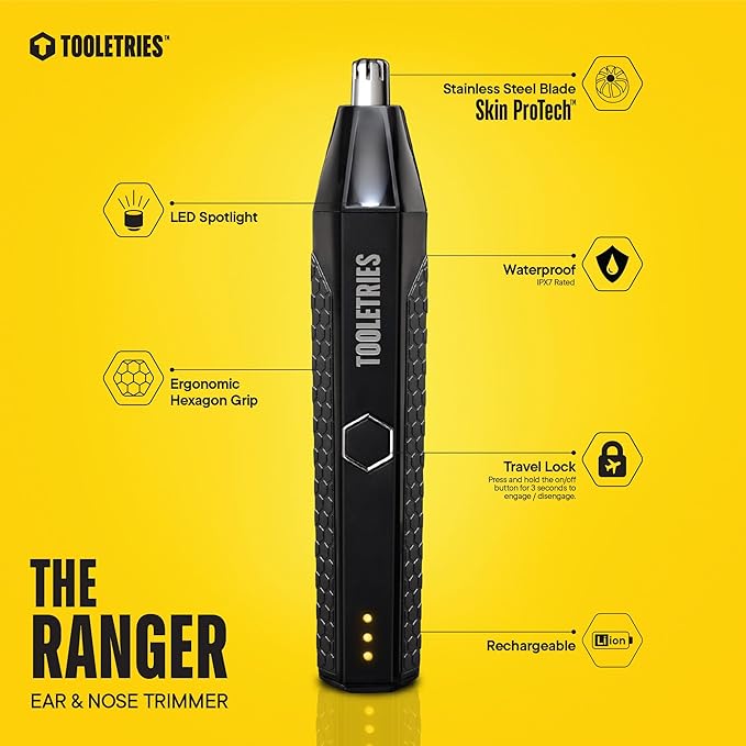 TOOLETRIES The Ranger - Electric Nose &amp Ear Hair Trimmer for Men Wet/Dry Nose Clippers with Stainless Steel Blades Waterproof Rechargeable Li-Ion Battery LED Spotlight Travel Lock - Black