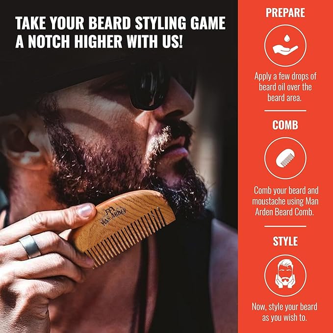 Man.Arden Neem Wooden Pocket Size Beard Comb with Premium Faux Leather Pouch