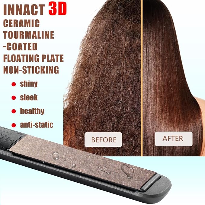 NITION Ceramic Tourmaline Hair Straighteners LCD Flat Iron MCH 10s Fast Heating Up. 1 Smooth 3D Floating Plate Healthy Straightening Tools. Travel Pouch Bag. Dual Voltage. Luxury Gift Box. Black