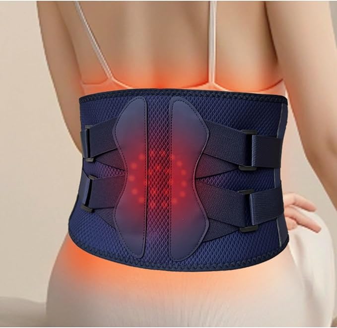 Heated Waist Massager Belt Cordless Infrared Heating Pad Waist Warmer Massager Rechargeable Multi-Functional Relaxing Lumbar Massage Device (Gray+Blue)