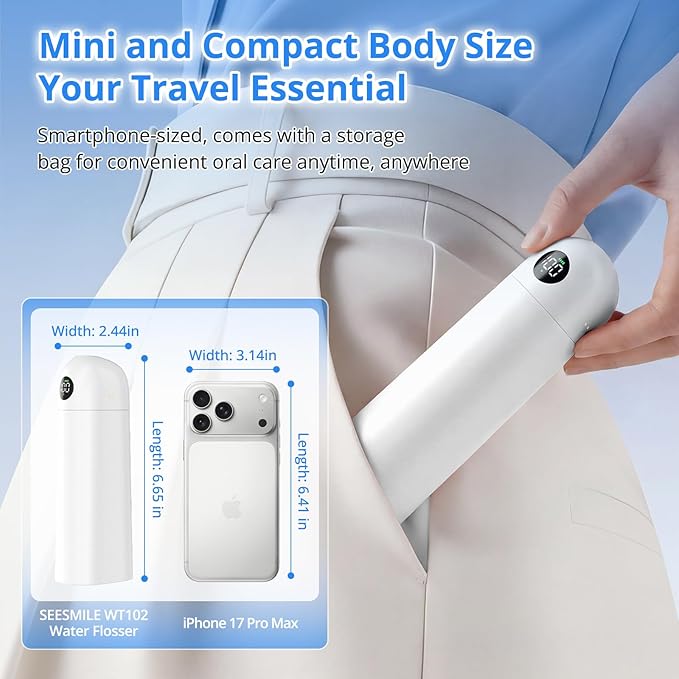 Portable Water Flosser for Teeth 100 Power Levels (0-150-PSI Variable Pressure) Mini Cordless Electric Floss for Tooth Cleaning and Flossing IPX7&amp250ML Water for Braces Aldult White