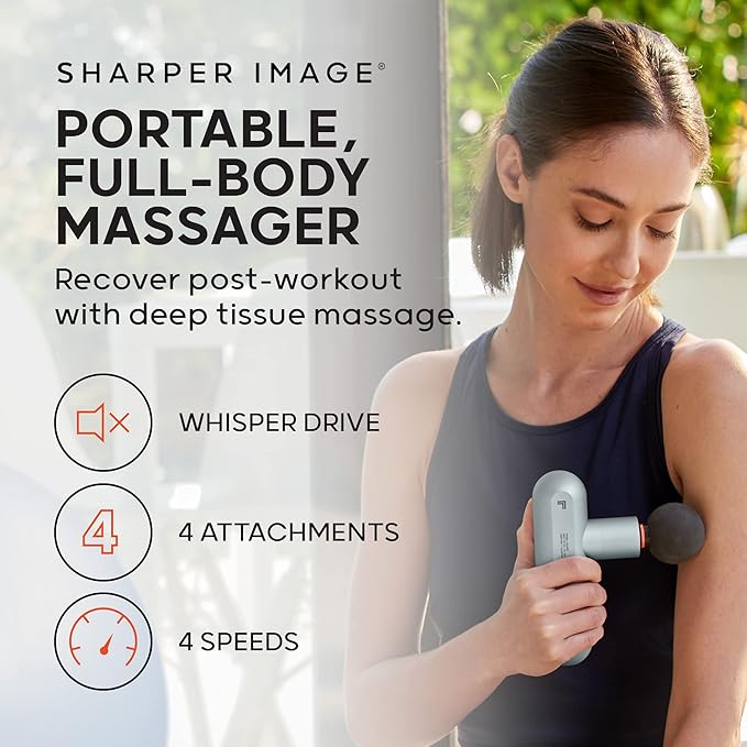 Sharper Image Powerboost Move - Mini Percussion Massage Gun| 4 Attachments 4 Speeds FSA Eligible| Full Body Back &amp Shoulder Massager| Deep Tissue Muscle Recovery| Portable Pain Relief Massage To
