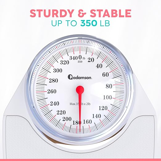 Adamson A24 Scales for Body Weight - Up to 350 LB - New - Anti-Skid Rubber Surface Extra Large Numbers - High Precision Bathroom Scale Analog - Durable with 20-Year Assurance - White