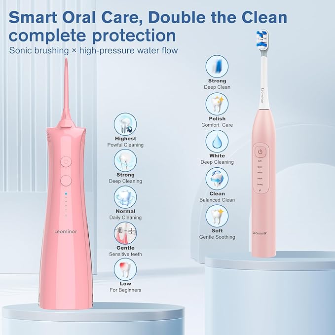 Leominor 3-in-1 Water Flosser &amp Electric Toothbrush Combo – Cordless Oral Irrigator with 235ml Large Tank5 Modes IPX7 WaterproofFreshening Stripsfor TeethGumsBracesHome &amp TravelPink