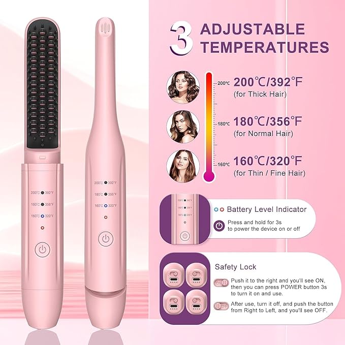 2 Pack Hair Straightener Brush and Curling Iron CordlessTravel Curling Iron Set Negative Ion Thermal Brush Hot Comb Fast Heating Type-C Rechargeable
