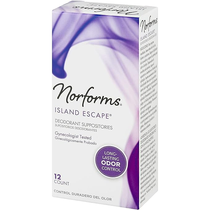 Norforms Feminine Deodorant Suppositories Long Lasting Odor Control Gynocologist Tested Individullay Wrapped Island Escape Scent 12 Count in Each Box (Pack of 8)