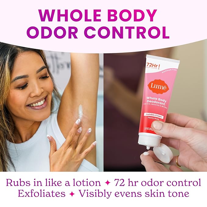 Lume Whole Body Deodorant - Invisible Cream and Solid - 72 Hour Odor Control - Aluminum Free Baking Soda Free Skin Safe - 3.0 Ounce Cream and 2.6 Ounce Solid Bundle (Peony Rose)