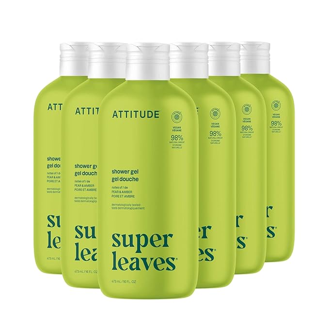 ATTITUDE Body Wash EWG Verified Shower Gel Dermatologically Tested Plant and Mineral-Based Vegan Personal Care Products Pear &amp Amber Scent 16 Fl Oz (Pack of 6)