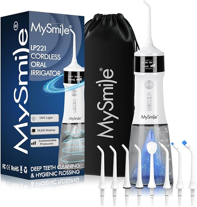 MySmile LP221 Self Cleaning Cordless Water Flossers for Teeth 335ML Portable OLED Display Dental Flosser with 4 Modes 18 Jet Tips and a Storage Pouch for Home and Travel (White+Black)
