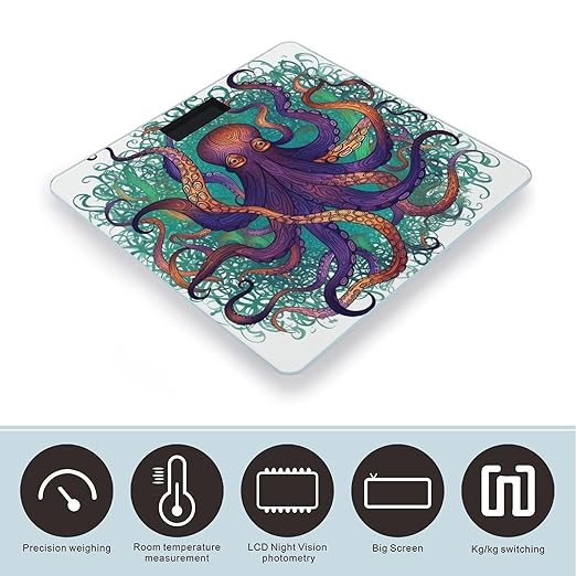 Colorful Octopus Scale for Body Weight Anti-Slip Tempered Glass Digital Bathroom Scales Clear LCD Display Weighing Scale Safe Rounded Corners Smart Scales