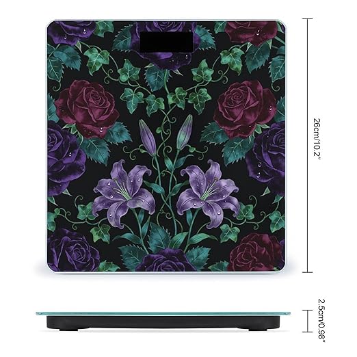Dark Floral Pattern Weight ScaleClear LED Display Bathroom Digital Weighing ScaleTempered Glass Digital Bathroom Scale for Body Weight Capacity Up to 400 Lbs