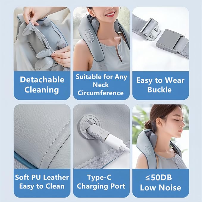 Neck Cervical Massager for Neck Pain ReliefNeck Massagers for Neck and Shoulder with Heat Portable Shiatsu Neck and Back Heated Massager Mini Masajeador Muscular (Grey)