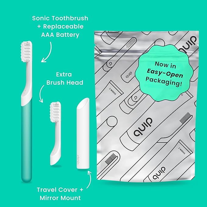 Quip Sonic Electric Toothbrush for Adults - Time Travel &amp Soft Bristles with Travel Case &amp Replacement Brush Head - 3 Month Battery Life Plastic Handle - Green