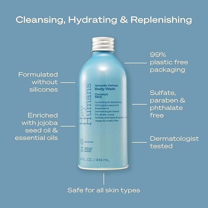 Hey Humans Coconut Mint Moisturizing Body Wash with Natural Ingredients &amp Jojoba Oil | Clean Vegan Sulfate Free Bath &amp Body Wash for Women &amp Men | Recyclable Bottle 14 fl. oz. - Pack of