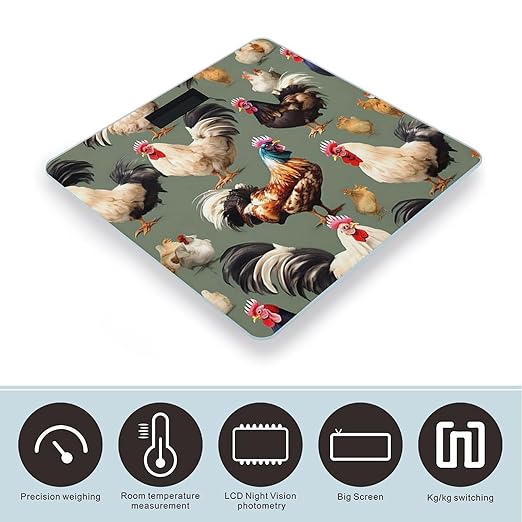 Digital Bathroom Scale for Body Weight Scale with Bright LCD Display High Accuracy Step-On Technology Auto On/Off Chicken and Rooster Print Digital Scales 400 Lbs /180kg