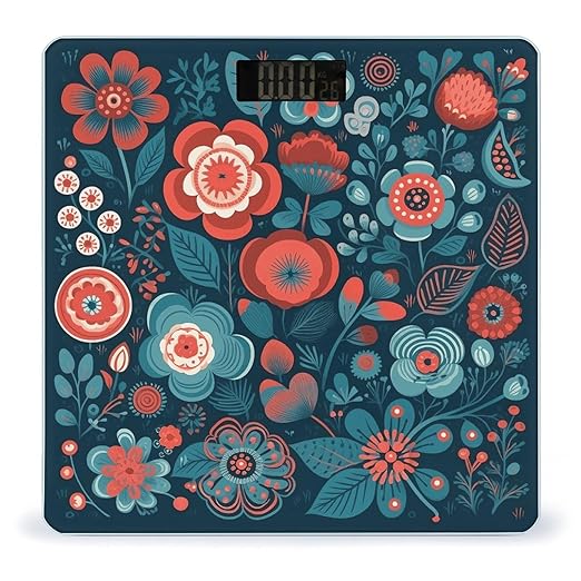 Blue Flower Pattern Scale for Body Weight Anti-Slip Tempered Glass Digital Bathroom Scales Clear LCD Display Weighing Scale Safe Rounded Corners Smart Scales