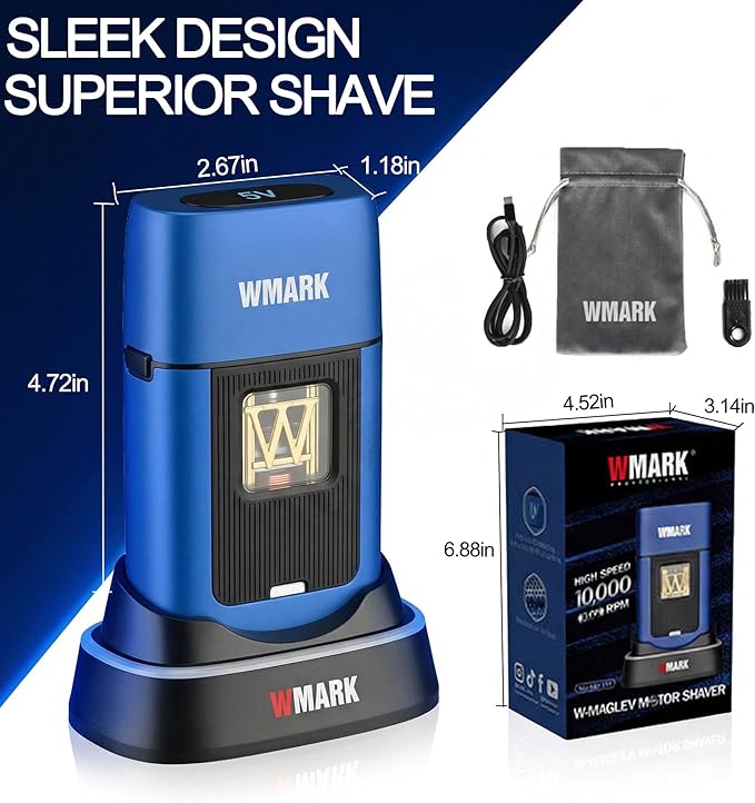 WMARK Electric Foil Shavers for Men Electric Razor for Men Cordless Beard Shaver with UV Protection Maglev Vector Motor 10000RPM Blue-Titanium 3-Blade Floating USB-C Rechargeable NG-XS1 UV