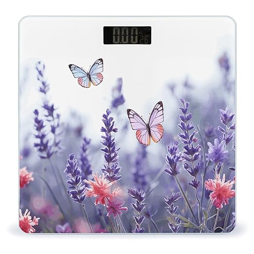 Lavender Flower Background with Butterflies And Flowers Scale for Body Weight Digital Bathroom Scale Precision Smart Weighing Scales with Clear LED Display Accurate High Precision Scales Weighing Mach