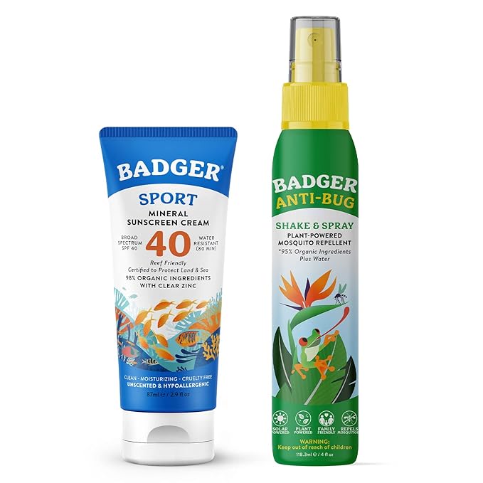Badger Mineral Sunscreen &amp Bug Spray Combo - SPF 40 Reef Safe Sport Sunscreen w/Zinc Oxide &amp DEET-Free Natural Insect Repellent