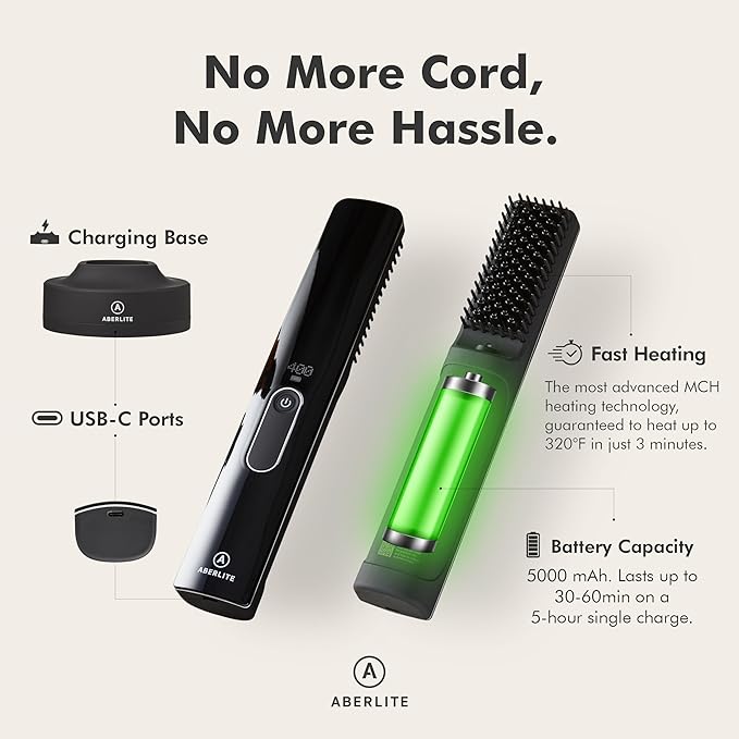 Aberlite Go 2 - Cordless Beard &amp Hair Straightener - Pain-Free Anti-Scald Comb Tooth - Advanced Ionic Conditioning - Wireless Straightener Heated Brush Comb- for All Beard Types
