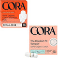 Cora Organic Feminine Care | Regular Pads With Wings and Non-Applicator Tampons | Ultra-Absorbent Unscented Natural Non-Toxic | 36 Pads and 36 Tampons | Bundle Pack