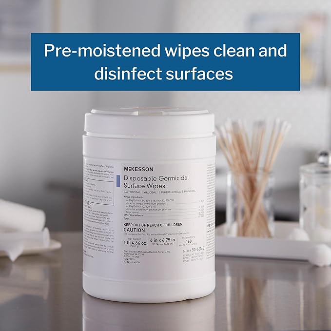 McKesson Germicidal Wipes [480 Count] Disinfecting Wipes Alcohol Cleaning Disinfectant Wipes Hospital Grade Multi-Surface Wipes 160 Wipes 3 Pack