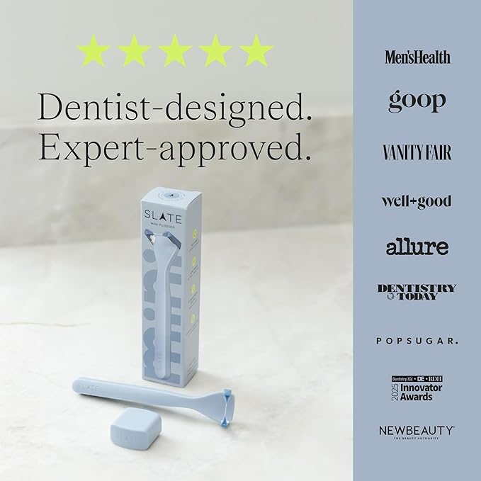 Slate Flosser Mini - Reusable Floss Pick with Gum Brush &amp Tongue Scraper Dentist-Invented PFAS/PTFE-Free Travel-Ready | White &amp Blue Nano-Hydroxyapatite (nHa) Mini Flosser 2-Pack
