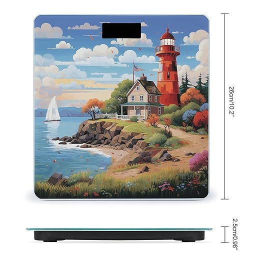 Coastal Lighthouse Bathroom Scale Rounded Smart Scale for Body Weight Automatic Power On/Off Weight Scales Accurate Bathroom Digital Scales for Pet Home Bedroom Kitchen