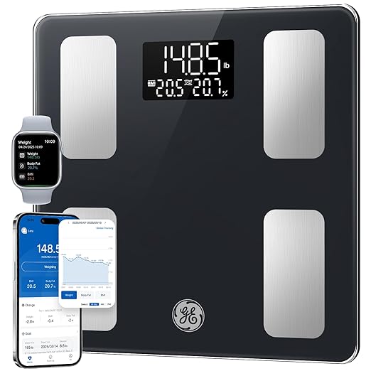 GE Smart Scale for Body Weight and Fat Digital Bathroom Scales BMI Body Fat - Bluetooth 13 Body Composition Monitor for Muscle Mass People with App Accurate 400lb Weighing 3 Battery
