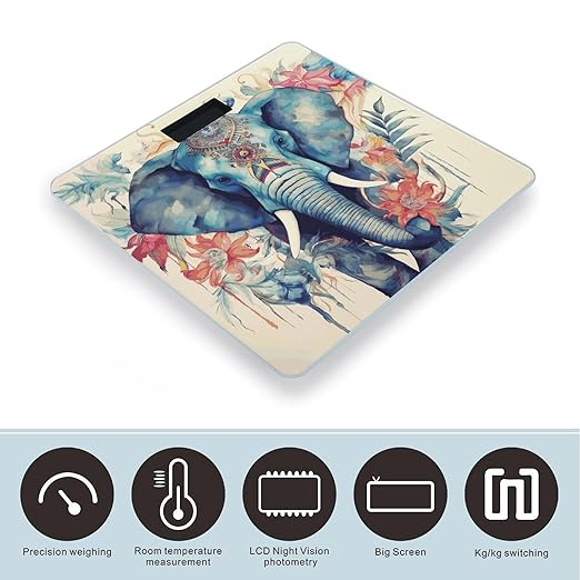 Peacock Feathers Elephant Bathroom Scale for Body Weight Bathroom Weighing Scale with Backlit LCD Display Highly Accurate Measures Weight Up to 180kg