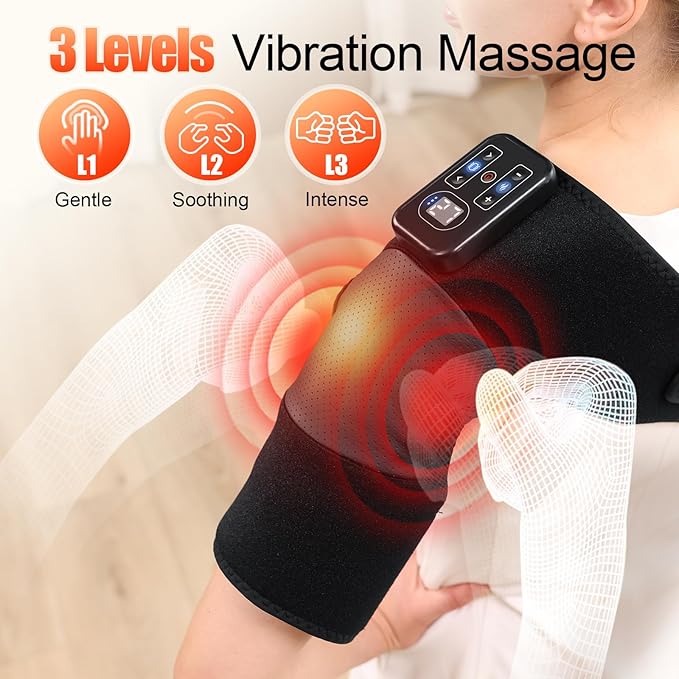 Cordless Knee Massager with Heat Vibration Heating Pad for Pain Relief 3 Vibrations &amp 5 Heating Levels Shoulder Brace Knee Brace Wrap Gifts for Dad Mom Men Women Seniors (Black Single)