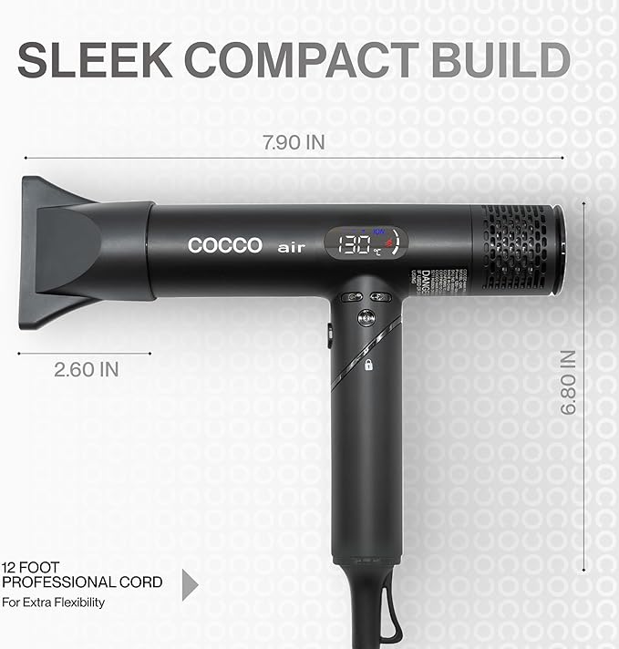 COCCO Iconic Air Ionic Hair Dryer Black – Professional High-Speed 110000 RPM Brushless Blow Dryer with Diffuser – Infrared Technology 4 Heat Modes Dual Voltage Lightweight Salon Hair Dryer