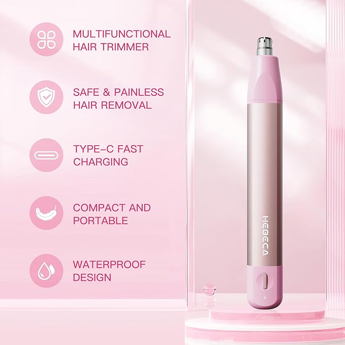 Nose Hair Trimmer for Women 3in1 Facial Hair Removal Trimmer - Metal Body Rechargeable Waterproof Portable - Nose Ear Eyebrow Peach-Fuzz Lips Chin (Pink)