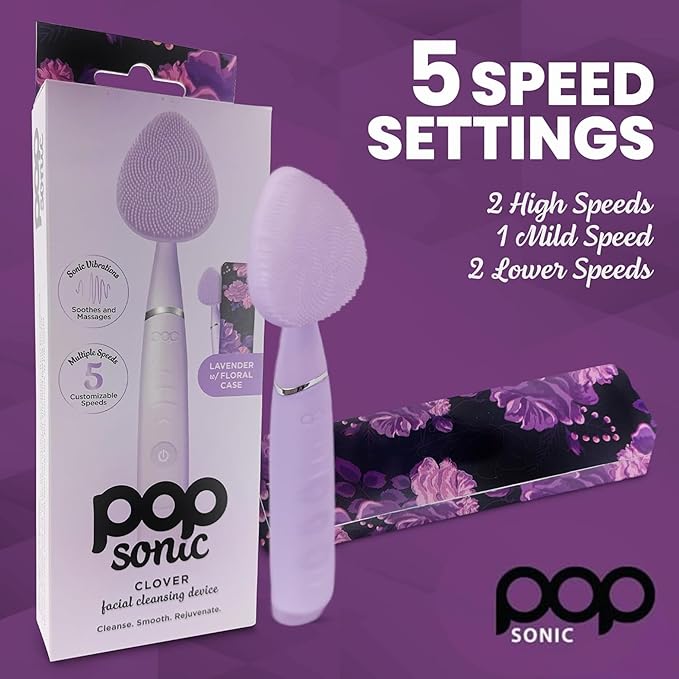 Clover Facial Cleansing Device Lavender Silicone Facial Cleaner &amp Exfoliator w/ 8000 Vibrations Per Minute 5 Speeds USB Rechargeable Face Cleaning Scrubber &amp Skincare Tool with Case