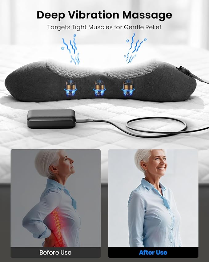 Upgraded 3-in-1 Portable Lumbar Pillow for Back Relief Smooth Spine Triple Fusion Back Massager with Stretch Vibration &amp Heat Includes 5000mAh Power Bank for Deep Relaxation on Bed Sofa &amp