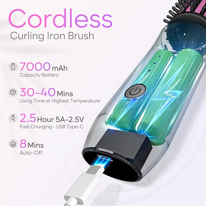 Cordless Curling Iron Brush 2024 New Portable Travel Curling Iron Mini Brush for Women 7000Mah USB Rechargeable Curling Wand Brush with Negative Ion Gray