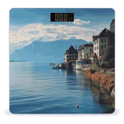 Lake Geneva Switzerland Bathroom Scale for Body Weight Bathroom Weighing Scale with Backlit LCD Display Highly Accurate Measures Weight Up to 180kg