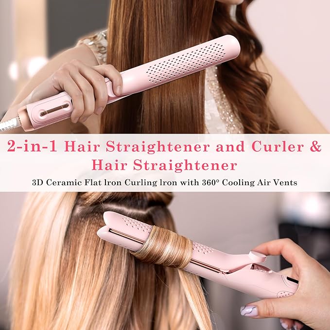 Hahahope Airflow 2 in 1 Straightener and Curler- 360° Airflow Styler Curling Iron 1.25 Flat Iron Hair Straightener and Curler 2 in 1 for Short Long Hair 5 TempsDual VoltageLight Pink